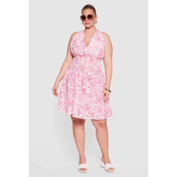 Women's Plus Size Floral Print Smocked Waist Skater Dress with Shorts Lining