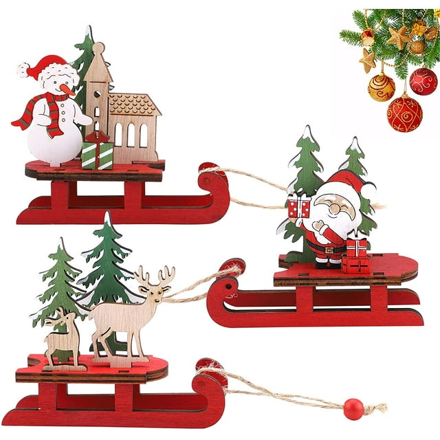 3 piezas de adornos de madera de trineo navideño, Papá Noel, muñeco de nieve, alce, decoración de mesa y ventana, decoraciones para festivales, fiestas en casa, regalo para niños, fiesta de Navidad