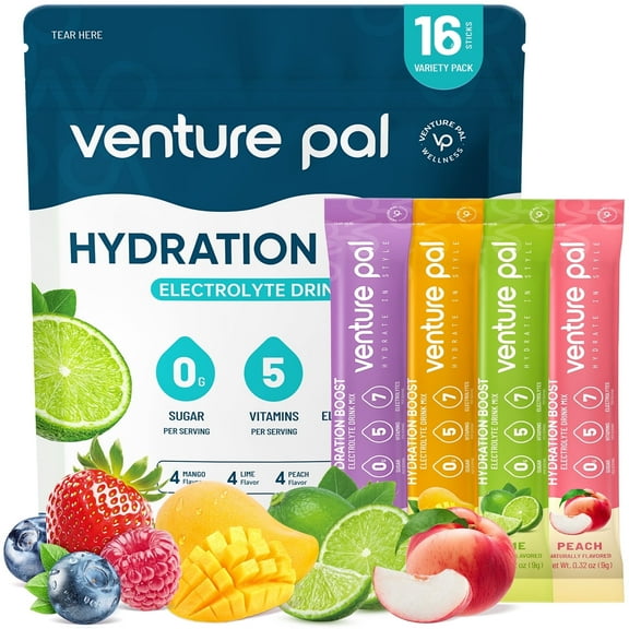 Venture Pal Sugar Free Electrolyte Powder Packets - Hydration with 5 Vitamins & 7 Electrolytes | Keto Friendly | Non-GMO | Certified Vegan | 16 Sticks