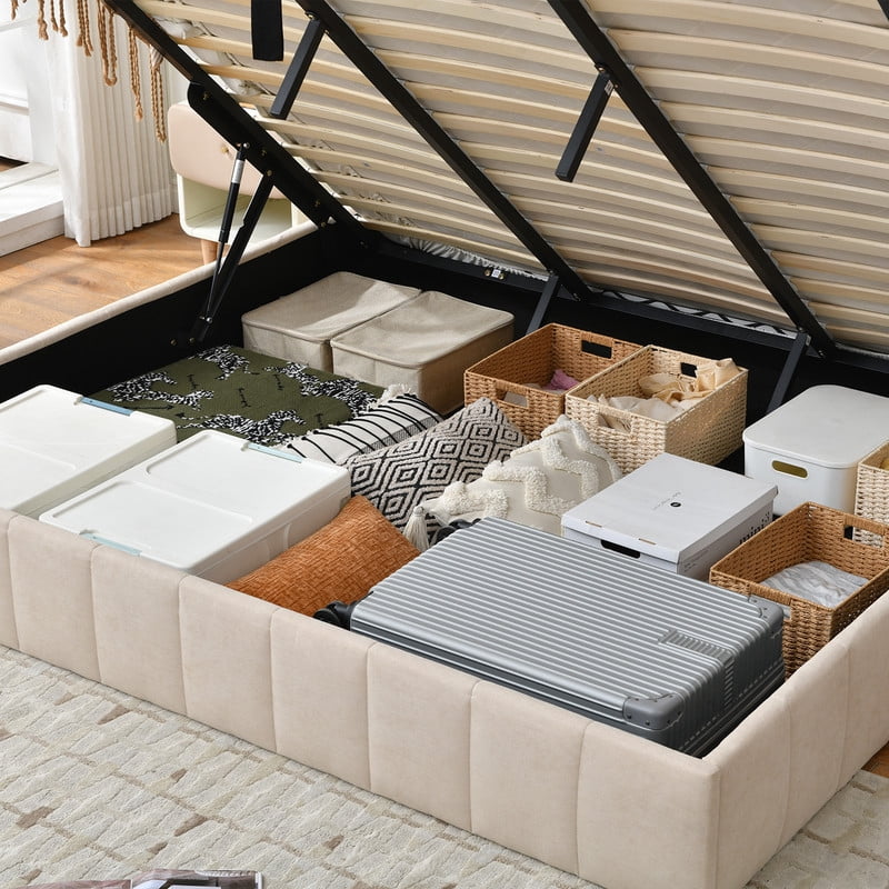 VELOCAVA Full Size Bed Frame with Lift Up Storage, Upholstered Platform Bed with Hydraulic Storage, No Headboard Low Profile Design, No Box Spring Needed, Beige