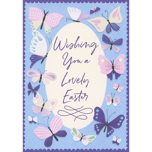 Designer Greetings Wishing You a Lovely Easter: Sparkling Pink and Purple Butterflies on Blue Easter Card