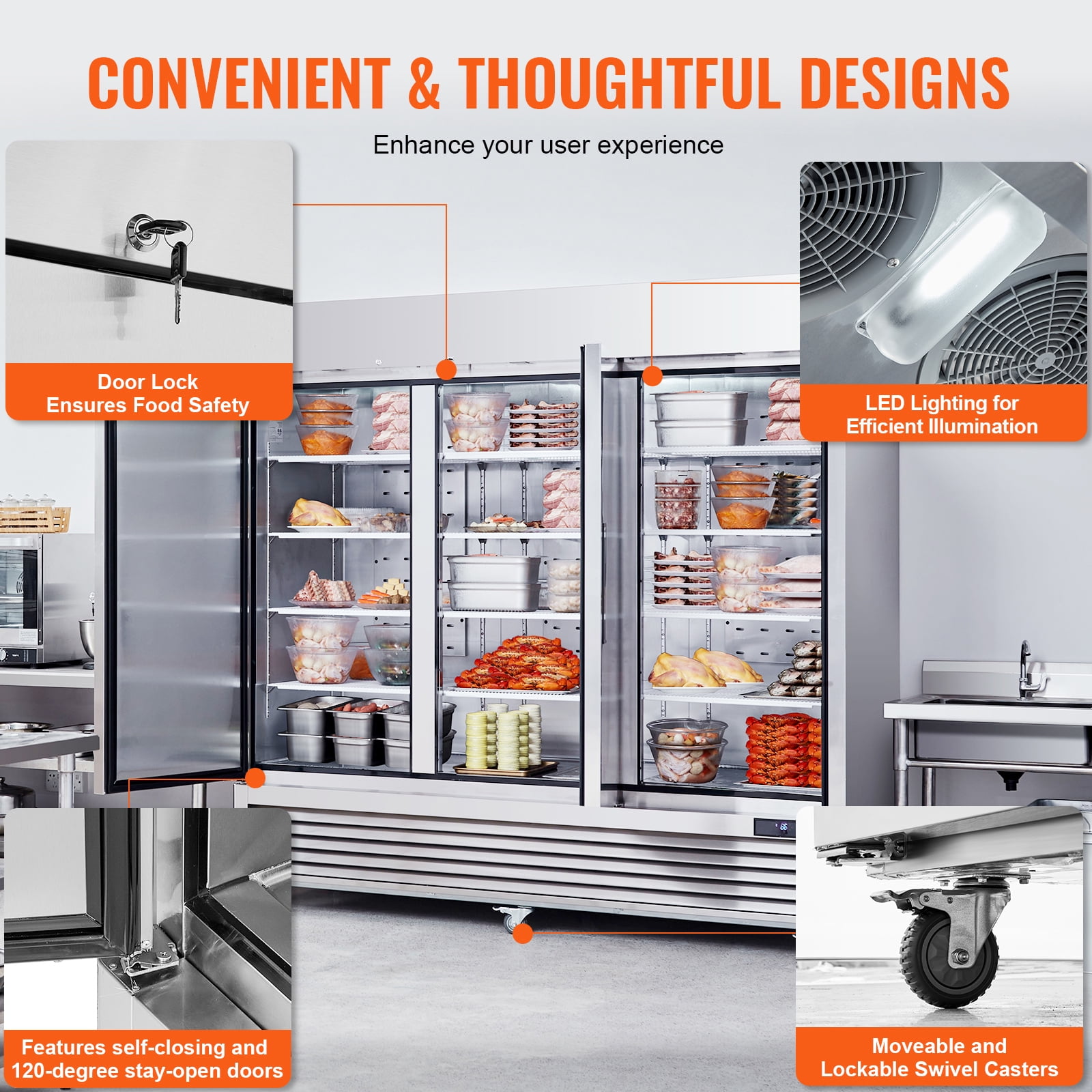 KFFKFF  60.42 Cu.ft Reach-In Refrigerator Commercial Upright Refrigerator 82.5" Wide with Triple Doors, Stainless Steel Auto-Defrost 12 Adjustable Shelves, Temperature Range -13 to 5℉