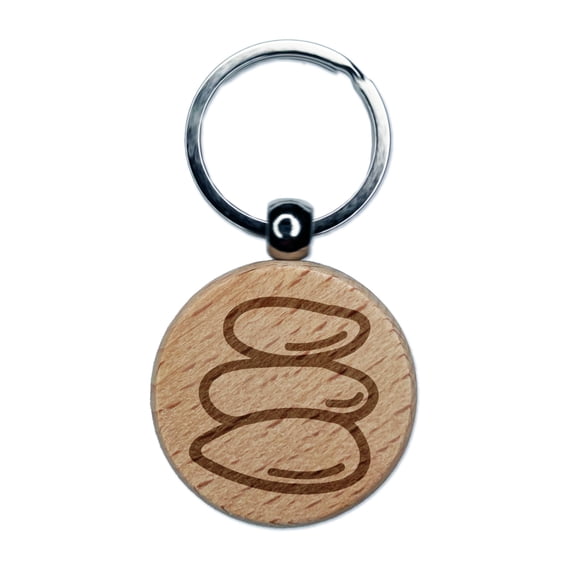 Rocks Cairn Pile of Stones Hiking Trail Marker Round Keychain Charm Tag - Engraved Wood