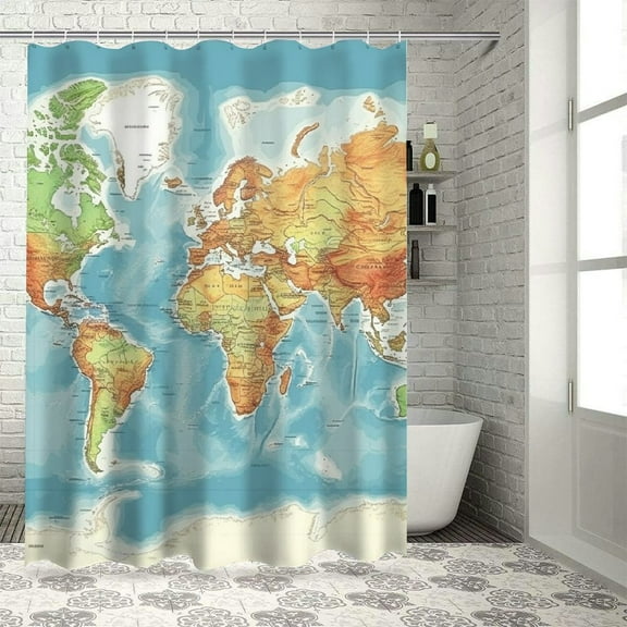 Patifu World Map Countries Major Cities Bathroom Décor Set with Hooks 100% Polyester Shower Curtain Set 36"x72