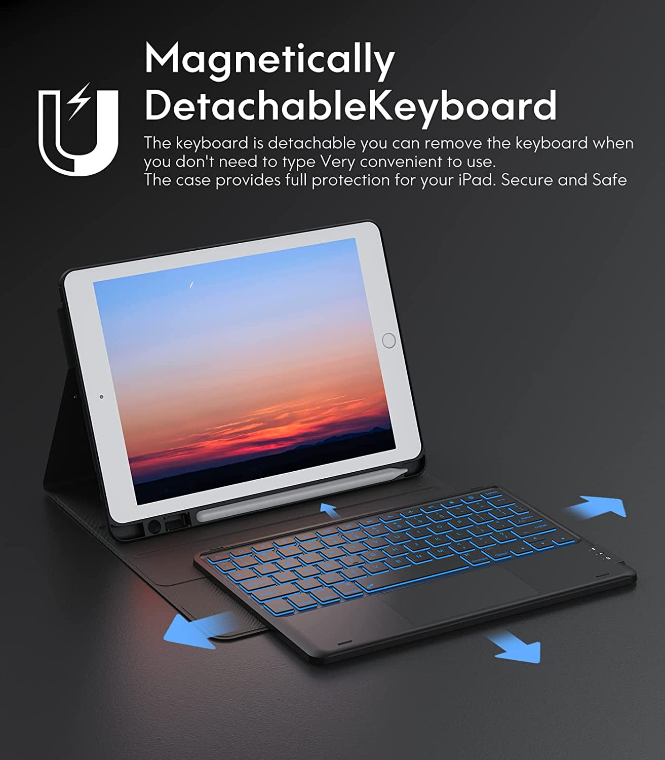CHESONA Keyboard Case Compatible with iPad 10.2" 9th 8th 7th Generation, 7-Color Backlit, Smart Touchpad, 2 Bluetooth Channels, Grey
