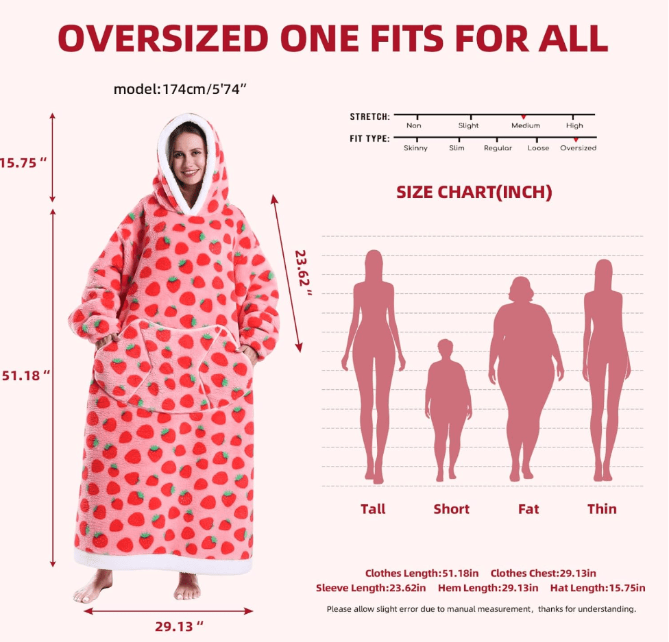 Oversized Wearable Blanket Sweatshirt, Thick Warm Fleece Cozy Sherpa Hooded with Pockets and Sleeves Gift for Adult
