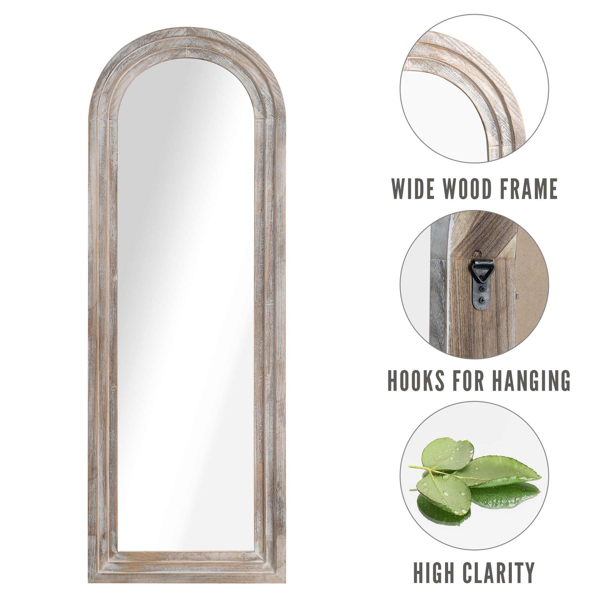 MAYEERTY 64×21in Modern Solid Wood Frame Arched Full Length Mirror with Tempered Glass, Weathered White