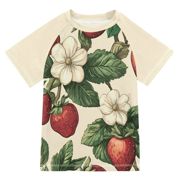 FORMRS Boys Rash Guard with Short Sleeves UPF 50 Swim Shirts Sizes 3-12T, Beige Strawberry