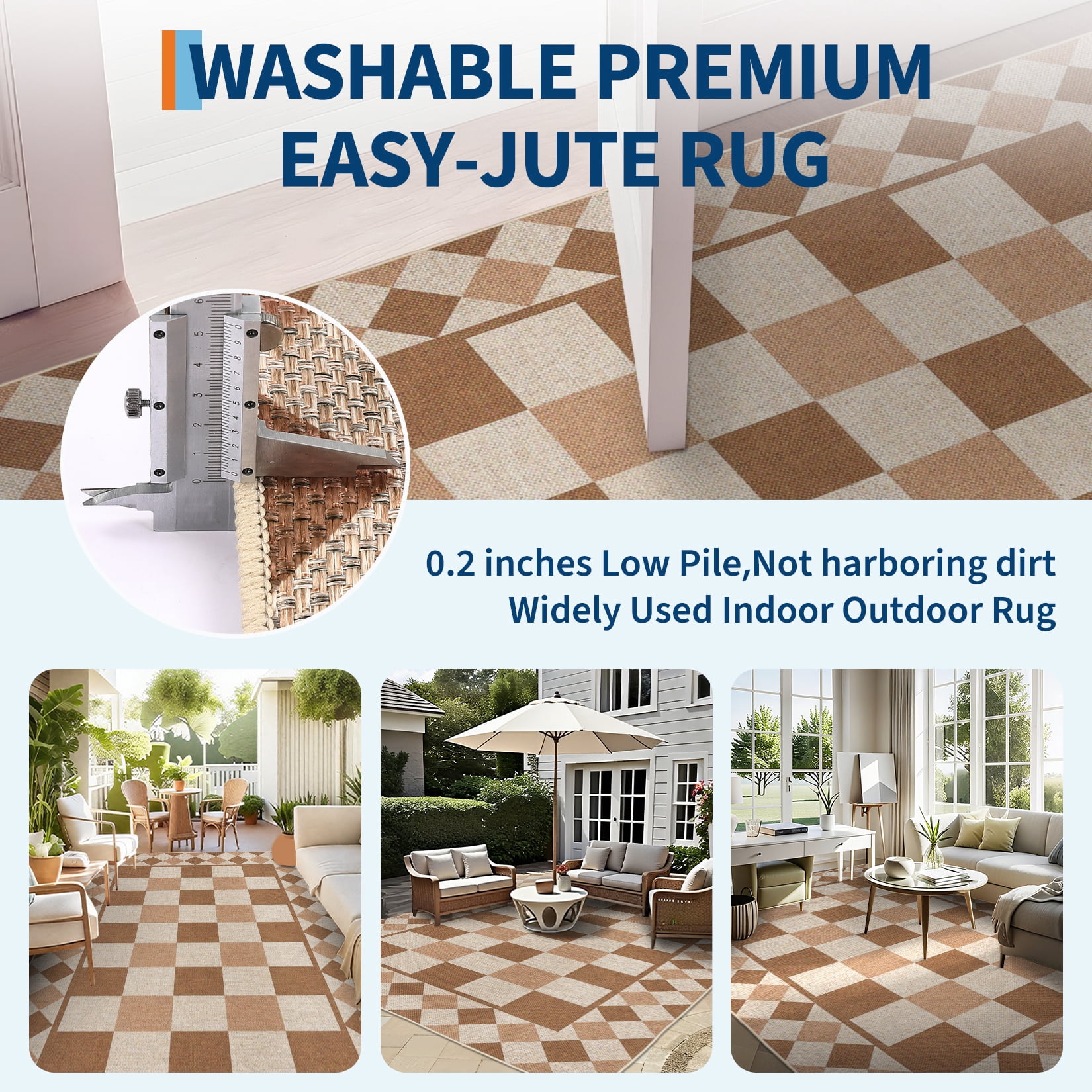 Hasoo Easy Jute Area Rug 9x12 Washable Rug for Living Room Bedroom Checkered Indoor Outdoor Geometric Carpet for Backyard, Yellow/Brown
