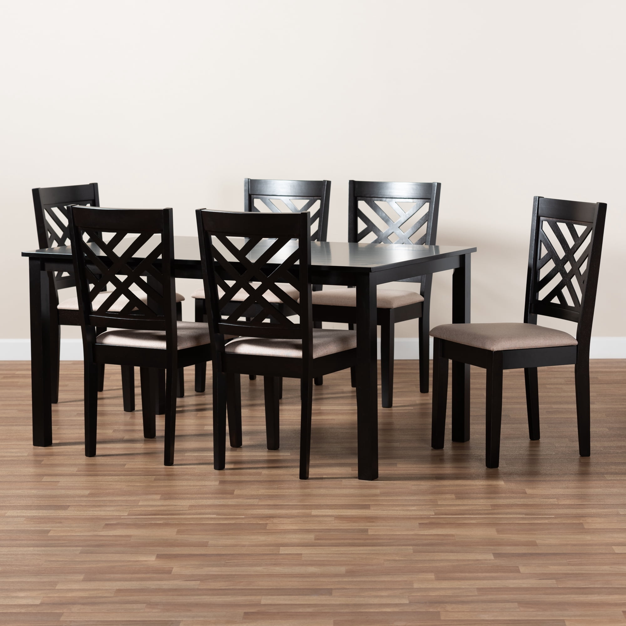 Baxton Studio Caron Modern and Contemporary Sand Fabric Upholstered Espresso Brown Finished Wood 7-Piece Dining Set