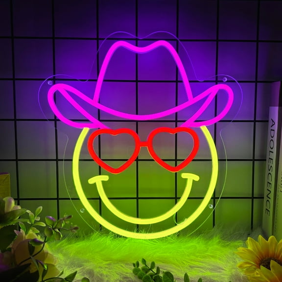Smile Face Neon Sign for Wall Decor, Smile Face with Hat Led Signs for Home Decor, Dimmable Neon Light Sign for Bedroom, Game Room, Living Room, Bar Decoration, Man Cave