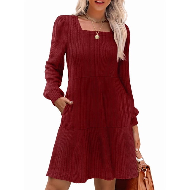 Vestido Estilo Babydoll Informal de Otoño con Cuello Cuadrado y Larga para Mujer. Vino Tinto XL