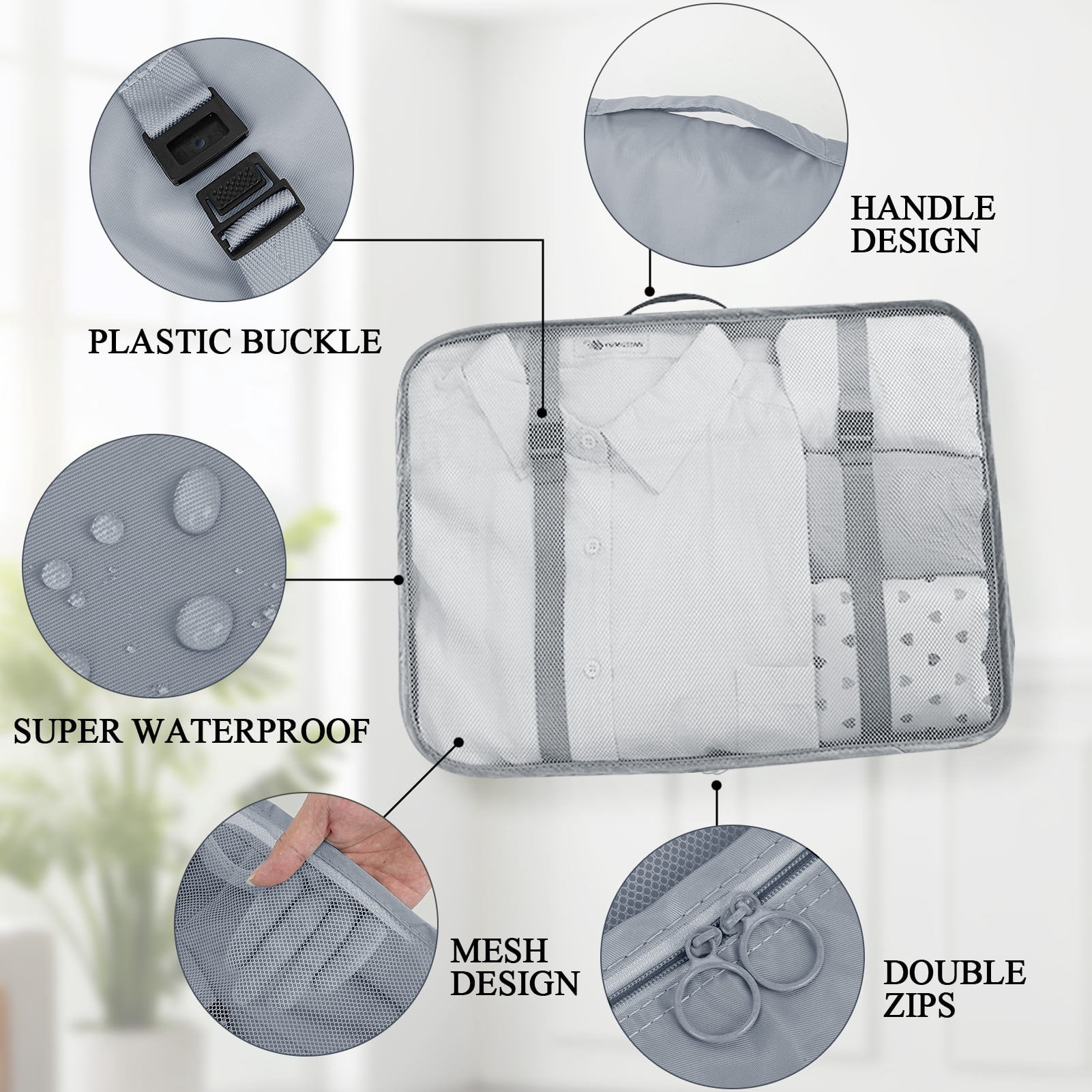 HonorHut 8 Set Packing Cubes Lightweight Organizer Bags Mesh Luggage Packing Bags Durable Storage Totes Travel Essentials Accessories Grey
