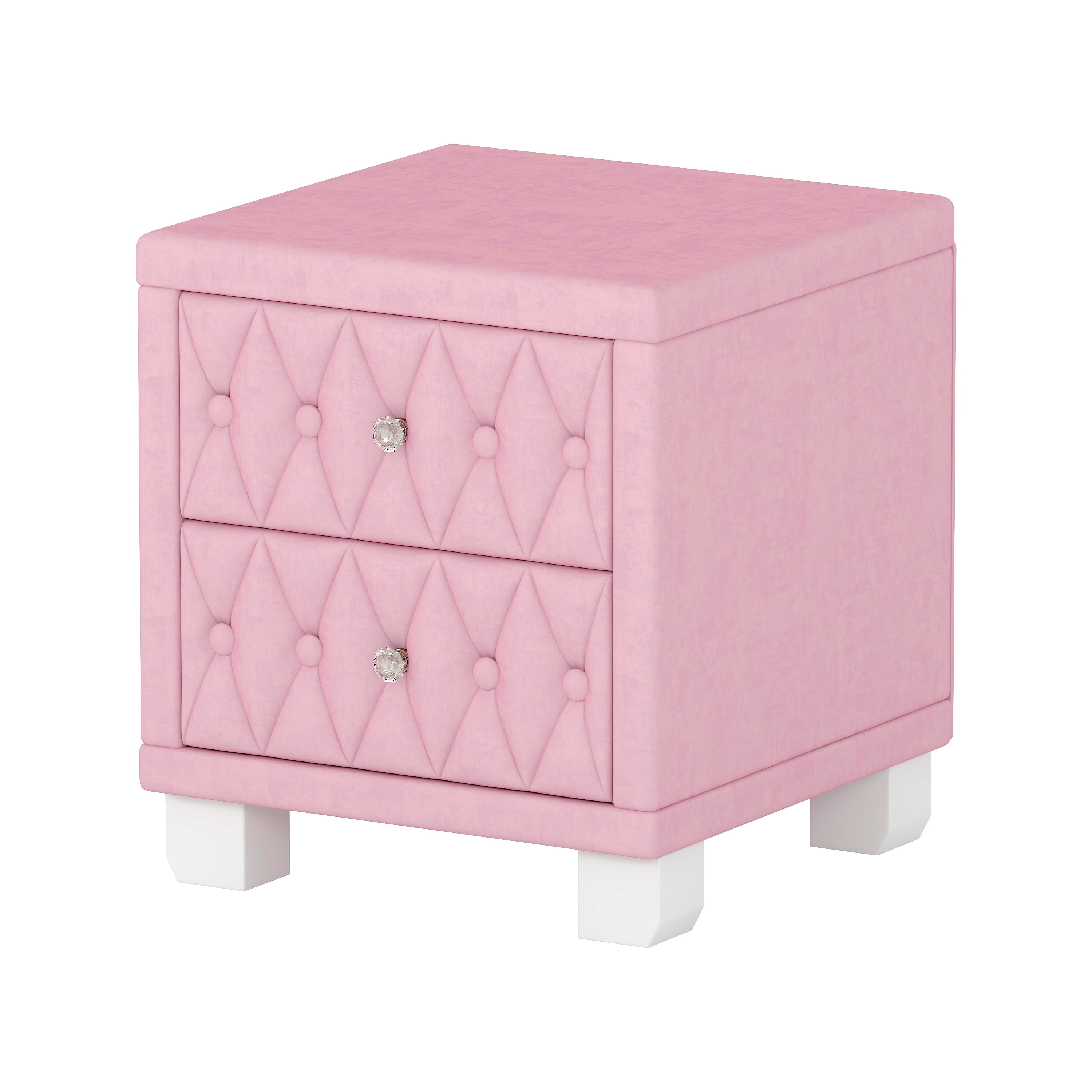 GARITIN Elegant Velvet Nightstand with 2 Drawers & Crystal Handle, Storage Bedside Table with Button-Tufted Design for Bedroom Guest Room, Pink