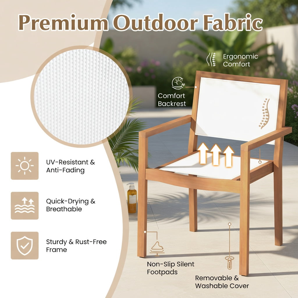Hommoo 2-Pack Stackable Outdoor Dining Chairs with Acacia Wood Frame & Weather-Resistant Fabric, Ergonomic Design for Patio, Deck, Balcony, White+Natural