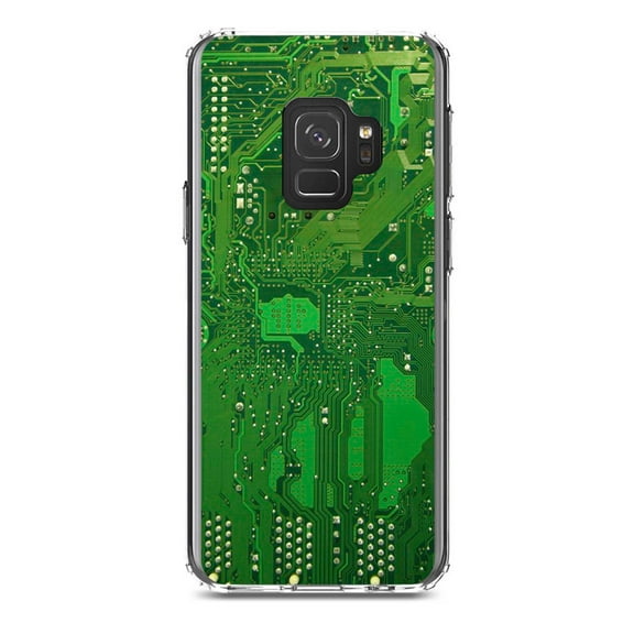 DistinctInk Clear Shockproof Hybrid Case for Samsung Galaxy S9 (5.8" Screen) - TPU Bumper, Acrylic Back, Tempered Glass Screen Protector - Green Circuit Board Image - Printed Circuit Board Image