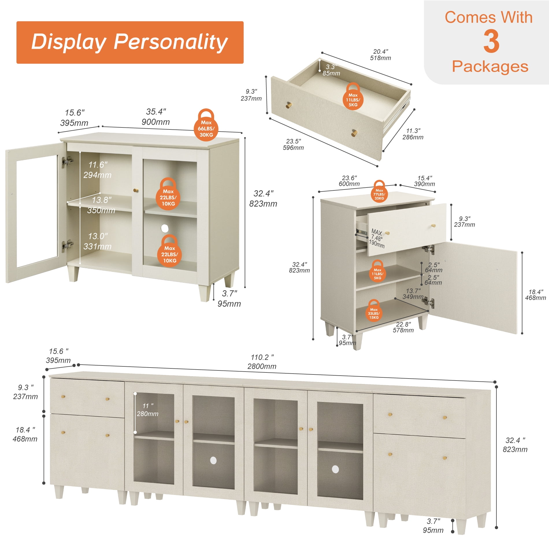 Modular Buffet Cabinet Sideboard With Glass Doors, Drawers, Adjustable Shelves and Cable Management For Kitchen Dining Room, 118" W, Beige Wood