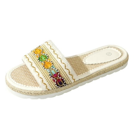 OJSFQUFP Womens Comfort Sandals Women Summer Slip On Casual Open Toe Rhinestone Flat Soft Bottom Breathable Slippers Shoes Sandals Office Slippers White 38