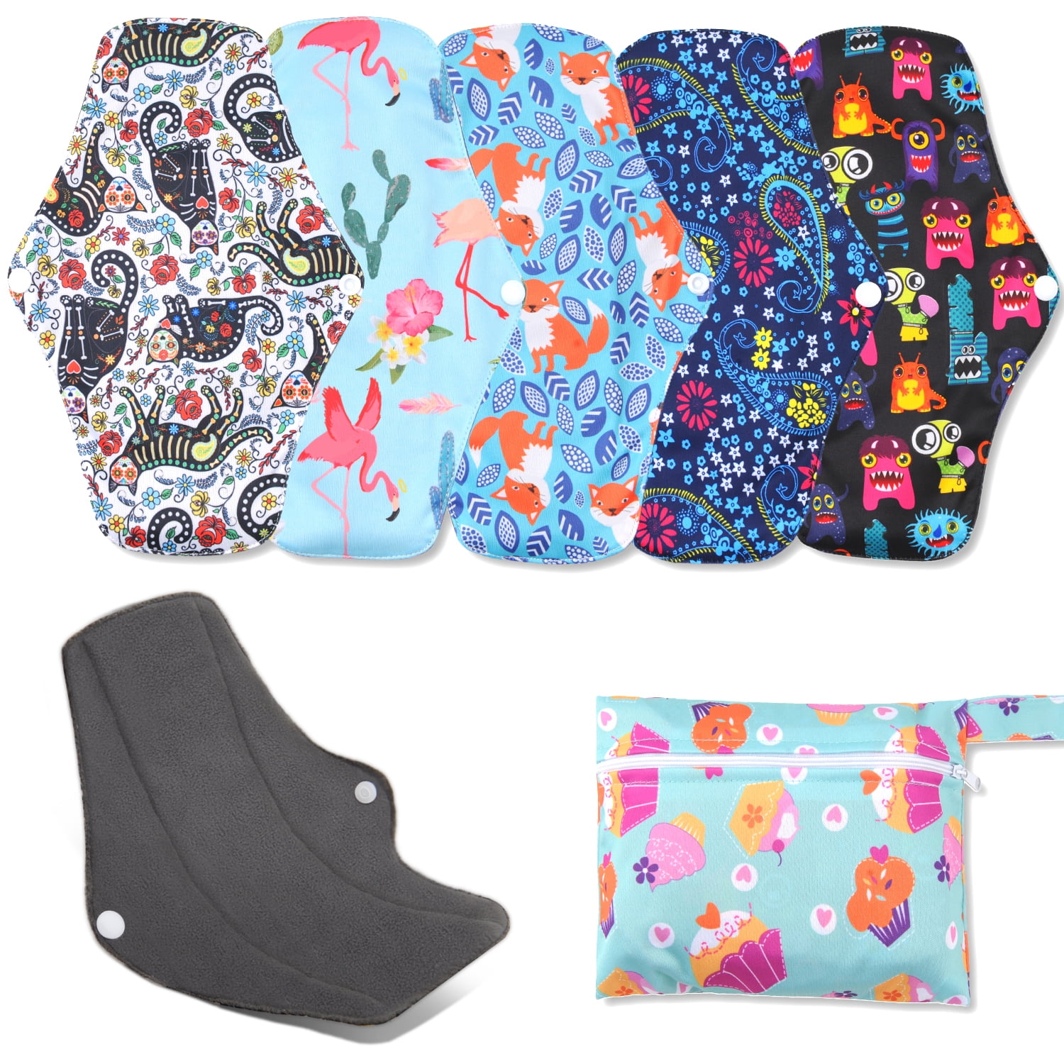 6Pcs Reusable Menstrual Pads,Overnight Washable Reusable Sanitary Pads with Wings,Panty Liners with Wet Bag,Bamboo Charcoal Cloth Waterproof Period Pads for Women