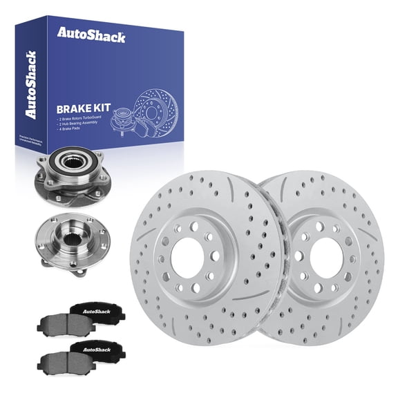 AutoShack Front Vented Drilled & Slotted Coated Brake Rotors Silver Matte Finish   Ceramic Pads   Hub Bearing Assembly 8-PC Brake Kit Replacement for 2013-2016 Dodge Dart TurboGuard 12.01" (305 mm)