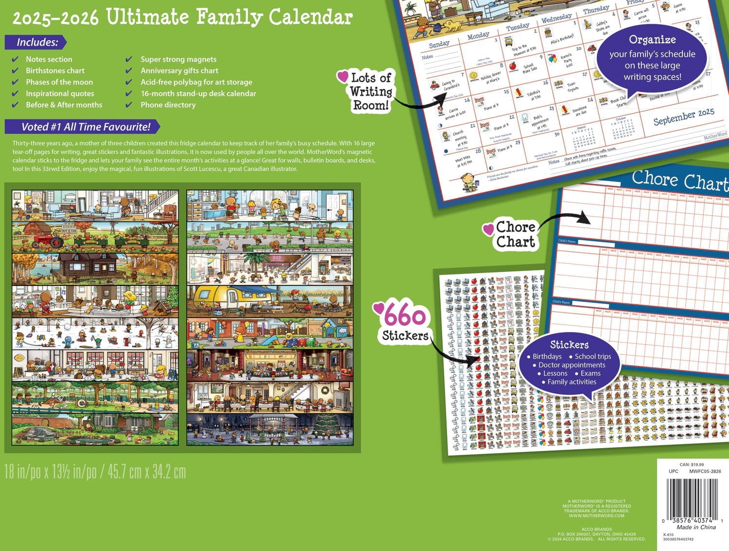 Calendrier familial ultime MotherWord 2026, grand format pour bureau ou mur, en anglais