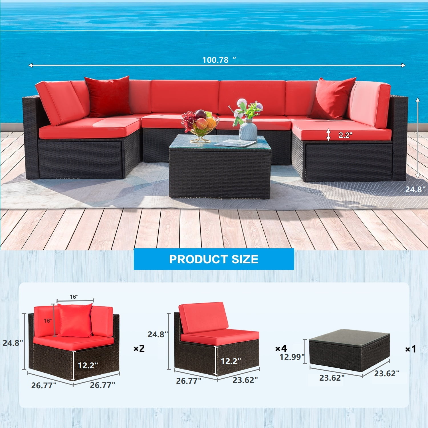 Lacoo 7 Pieces Patio Conversation Sets Outdoor Sectional Sofa Set PE Wicker Rattan Sectional Seating Group with Cushions and Glass Table, Red