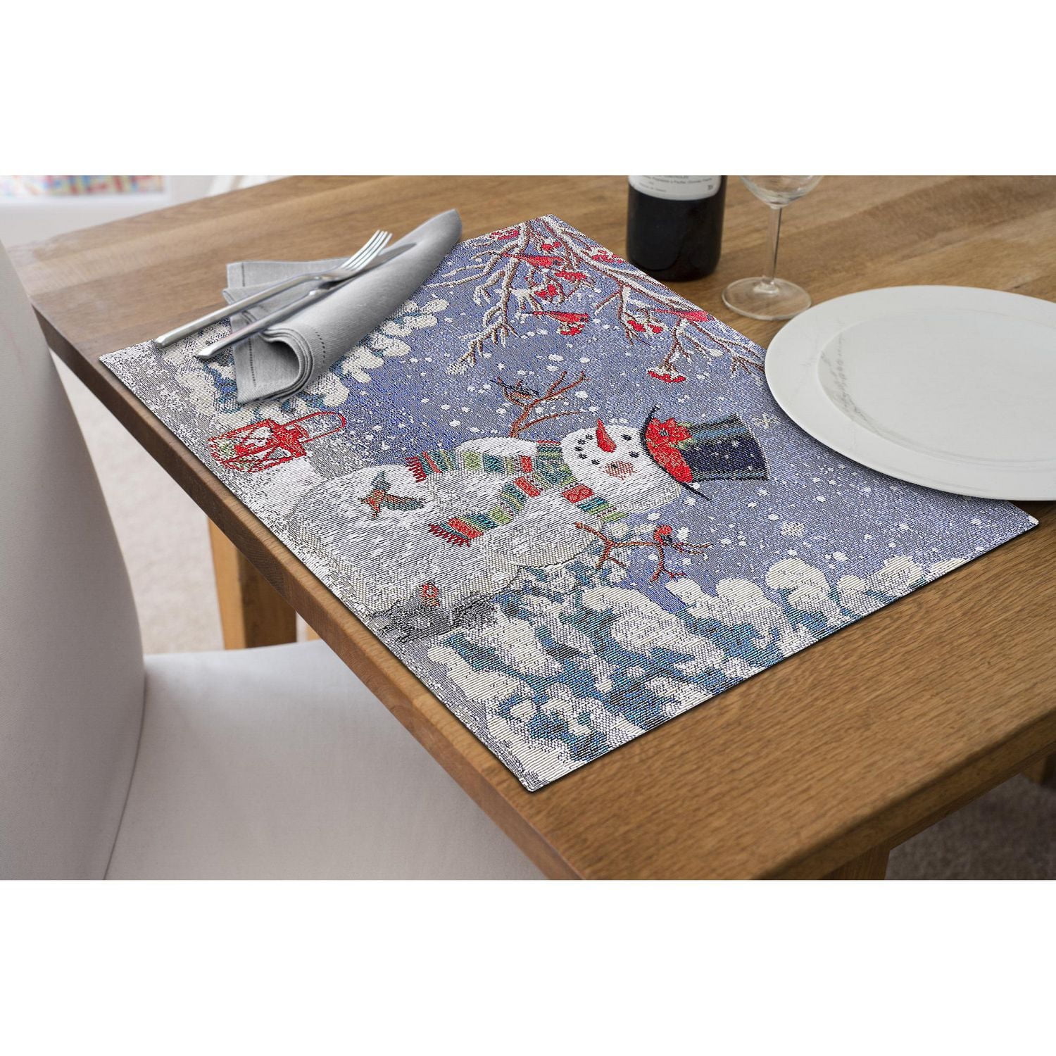Christmas Tapestry Placemat Black Top Hat Snowman 13X18 - Set of 12