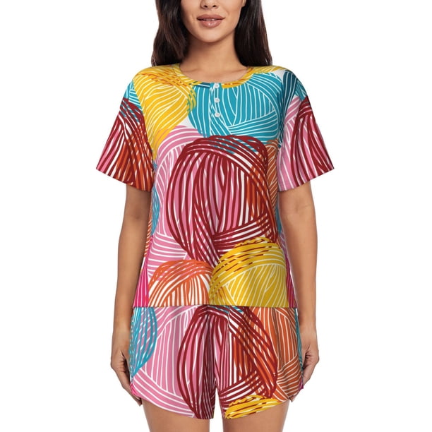 Fotbe Colorful Wool Balls Conjunto de Pijama Estampado para Mujer, 2 Piezas, Ropa de Dormir con Camiseta de Manga Corta y Shorts Suaves-Large