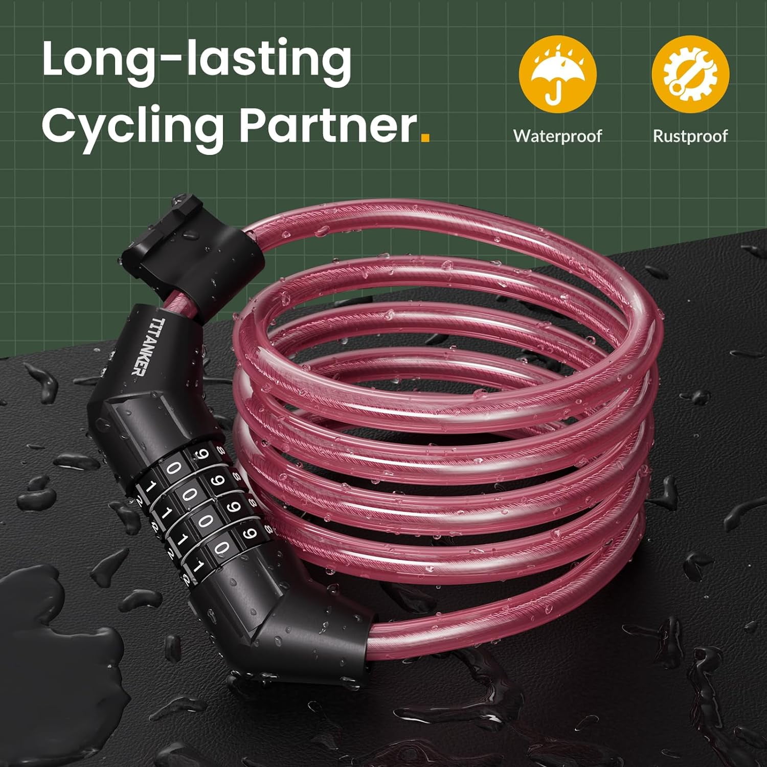 Bike Lock Cable, 4 Feet Bike Cable Lock Basic Self Coiling Kids Bike Lock Combination with Complimentary Mounting Bracket, 5/16 Inch Diameter (4FT, Pink-8mm)