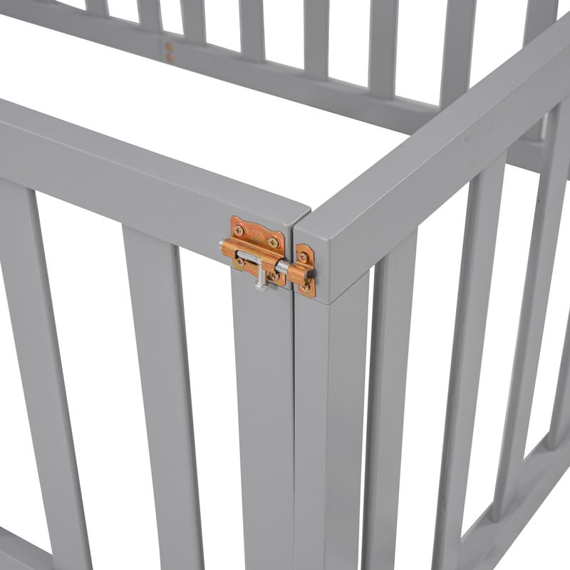 Twin Size Wood Floor Bed with Door & Fence, Montessori Bed Frame with Full Length Safety Guardrails, Wood Twin Bed with Slats, No Box Spring Needed-Gray