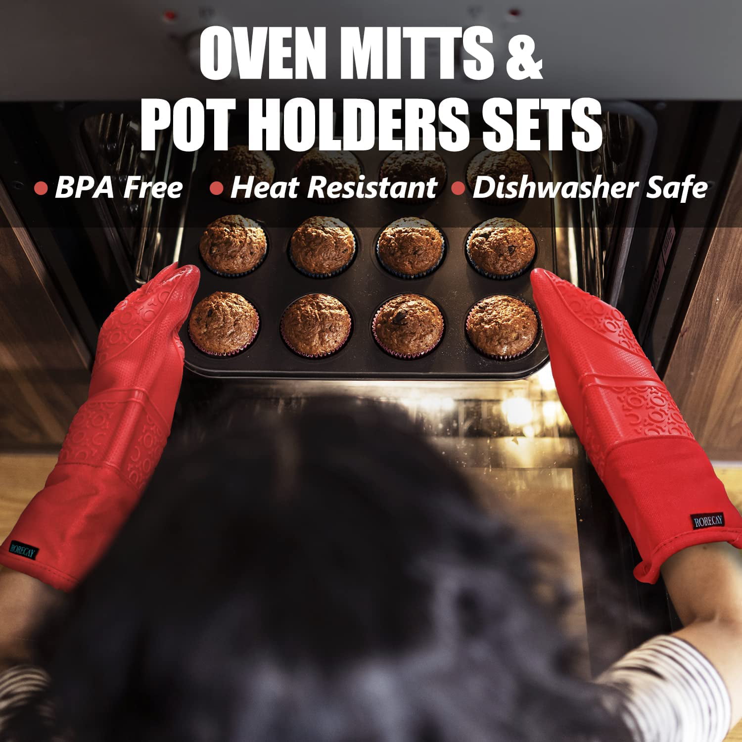 Oven Mitts and Pot Holders Set 8 Pcs, Extra Long Silicone Gloves Kitchen  Accessories High Heat Resistant 450 Degree Potholder with Non-Slip Surface