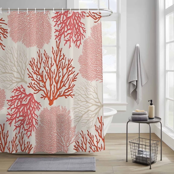 Bathroom Shower Curtain Classic Ocean Pink Coral Waterproof Shower Curtains with Hooks, Abstract Marine Life Scenery Bath Curtains Bathtub Curtain Home Decor 36x72in