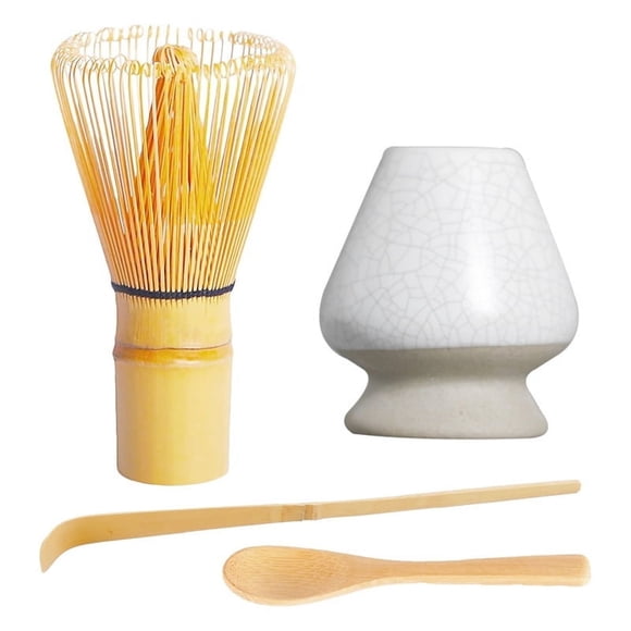Juego de 4 piezas para matcha: batidor de bambú hecho a mano (Chasen), cuchara tradicional para té, cuchara para matcha y soporte de cerámica para batidor