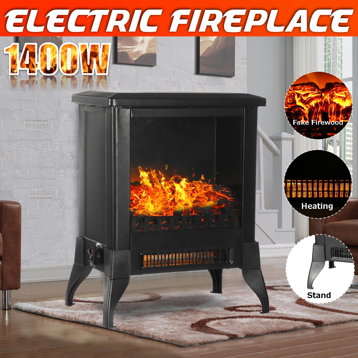 Freestanding Fireplace Heater with Realistic Flame Overheating Safety System 1000W/1500W Portable Indoor Electric Stove Heater Thermostat Infrared Xbeauty Electric Fireplace Stove 16 Inch
