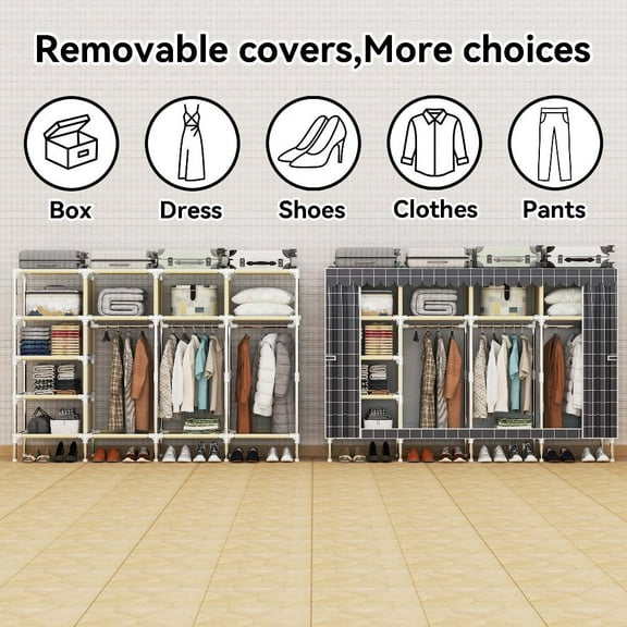 78.74Inch Portable Wardrobe Closet, 7 Storage Spaces with 3 Hanging Rods,Steel Frame Fabric Organizer, Easy Assembly and Dust Resistant Design, Gray