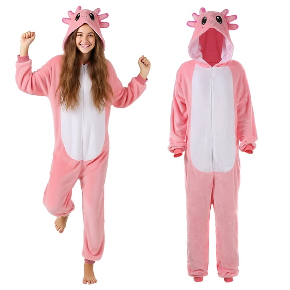 Adult Pink Axolotl Onesie Pajamas, Cute Cartoon Animal Hooded One Piece Costume for Halloween Cosplay