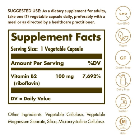 Vitamin B2 (Riboflavin), 100 mg, 100 Vegetable Capsules, Solgar
