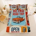 thumbnail image 5 of Manfei Vintage Sports Car Bed Sheets,Retro Letter Pattern Full Size Sheets,Blue Orange,4-Piece,1 Flat Sheet, 1 Fitted Sheet and 2 Pillowcases, 5 of 6