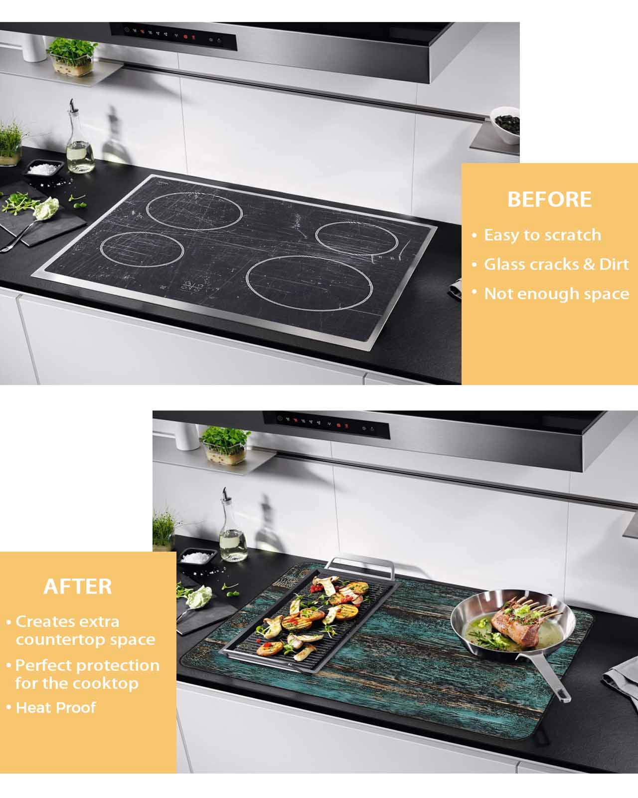 nqOlkjepod Large Induction Cooktop Protector Mat 28.5"x20.5", Teal Brown Plank Prints Stove Top Covers for Electric Stove, Farmhouse Vintage Wooden Grain Stove Burner Cover Mats Stove Cover