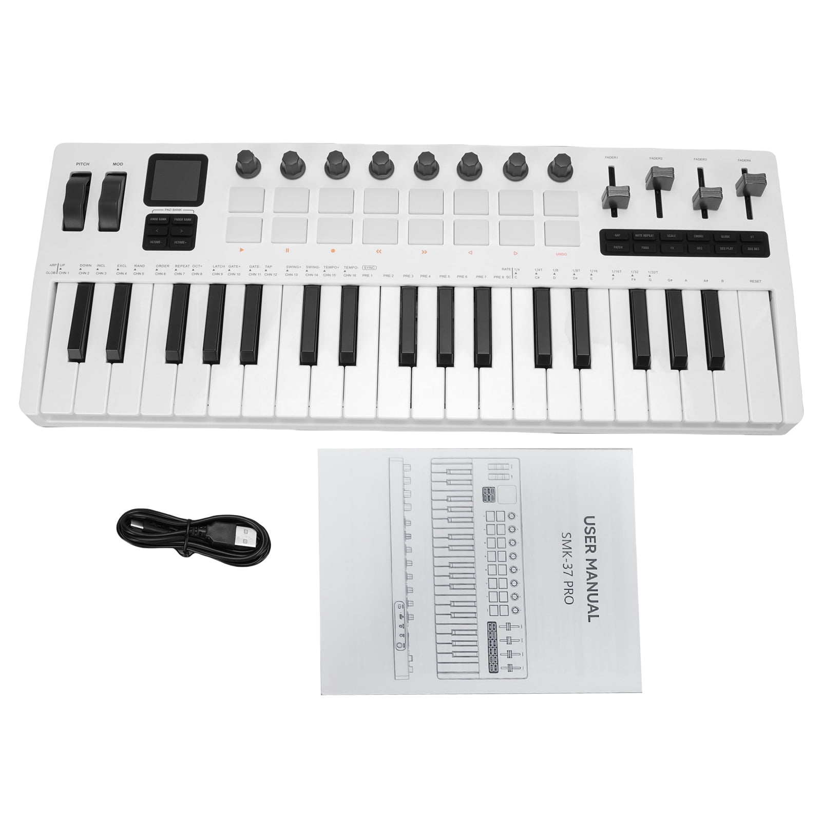 Music production controller Midi M- MIDI Keyboard 37-Key with Velocity Sensitivity 16 RGB Backlit Drum Pads 8 Knobs 4 Faders Synthesizer Engine for Music Production