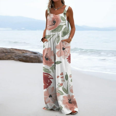 

Women s Button Up Jumpsuit Casual Loose Sleeveless Rompers With Pockets