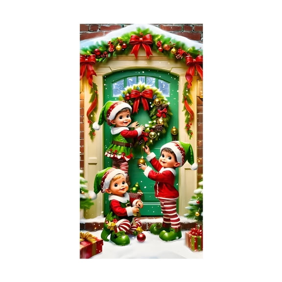Christmas Door Cover, Holiday Front Door Hanging Decor, Classic Santa Snowman Design for Home Entryway