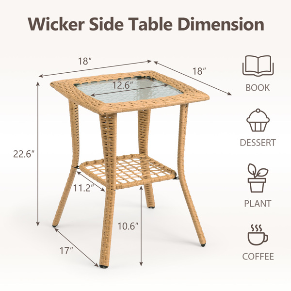 Outdoor Wicker Side Table, 2-Tier Design with Water Ripple Tempered Glass Top, Indoor/Outdoor Use for Garden, Porch, Balcony, Living Room