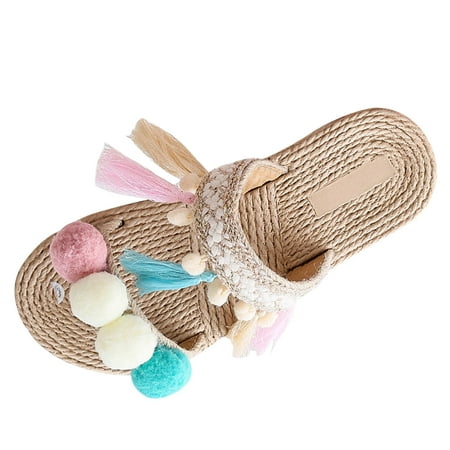 

Home Slippers Women Boots Coffee Slippers Women Fashion Summer Women Slippers Flat Bottom Light Tassel Slip On Open Toe Comfortable Beach Style