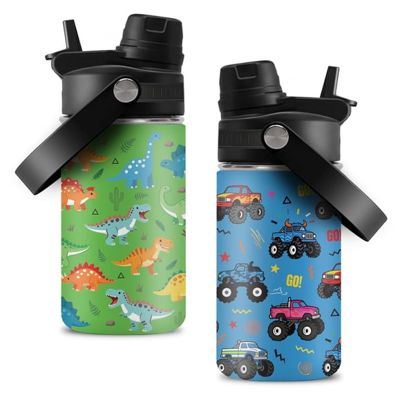 JOPJOLIW 12OZ Dinosaur Water Bottle for Boys, Car Insulated Tumbler with Handle for Son, Birthday Gift for Dinosaur Lovers, Stainless Steel Reusable Leak-proof Cup for Sports, G-Blue 2-Pack