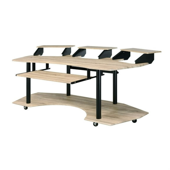 Wooden Computer Desk with Keyboard Tray and Open Bottom Shelf, Brown