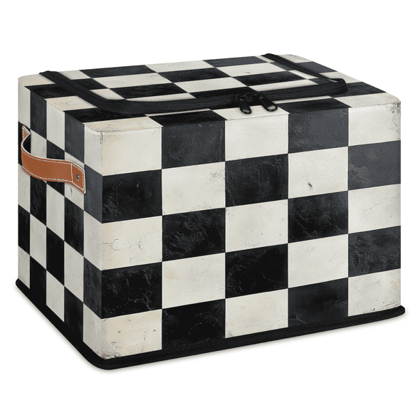 ADECORIVY Vintage Checkered Fabric Storage Bin with Lid, Decorative Closet Shelf Organizers, White Black Foldable Basket Box Clothes Storage Bin with Handles