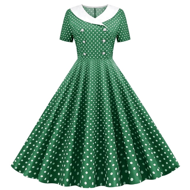 Dvprdro Robe de Bal pour Femme Invitée de Mariage Mode Vintage à Pois Imprimée Manches Courtes Ligne A Évasée Cocktail Fête Robe Midi
