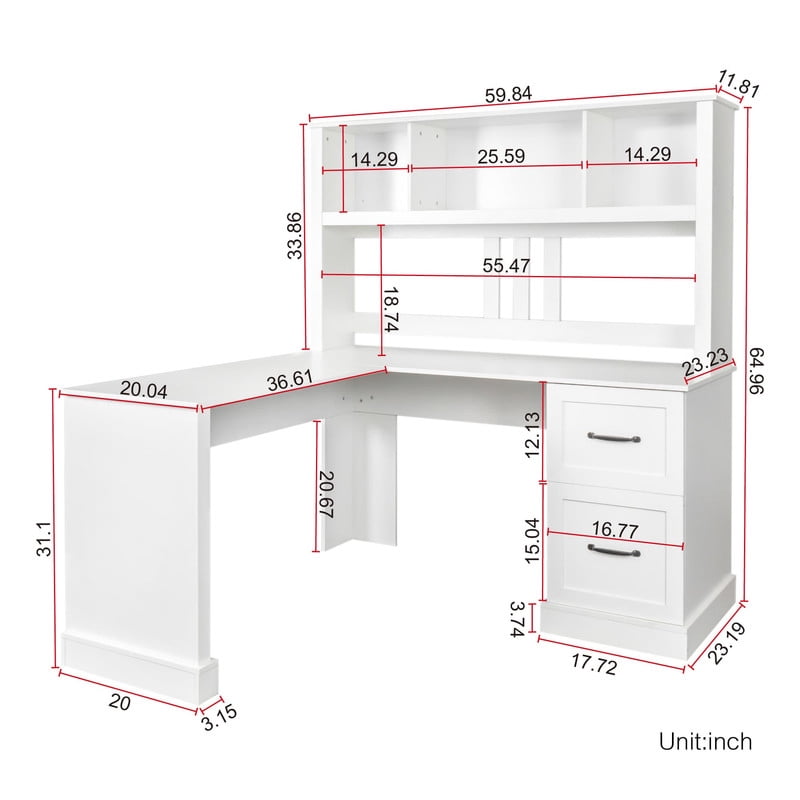 L-Shaped Executive Computer Desk with Hutch, 59.84'' Office Desk Work Desk with 2 Drawers and Storage Shelf for Home Office