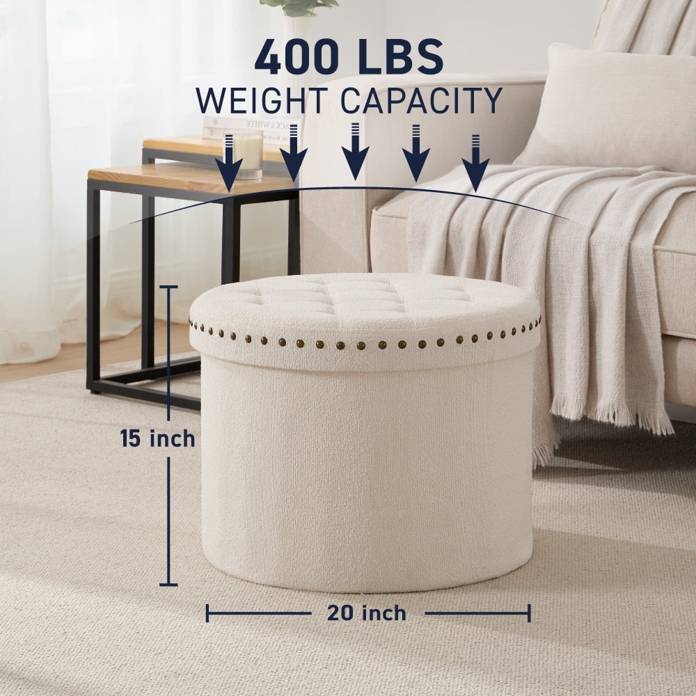 Ornavo Home Décor Large 20" Round Collapsible Ottoman with Storage with Nailhead Trim for Living Room and Bedroom - Boucle White